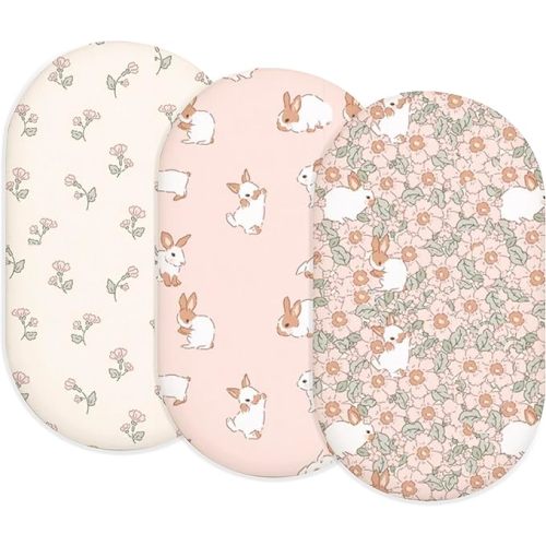 Bassinet Sheets for Baby Girls Boys 3 Pack, Fitted Baby Mattress Sheet for Rectangle, Oval, Hourglass Bassinet Mattress, Breathable Cozy & Universal Fit (Blush Bunny, Bassinet Sheet)