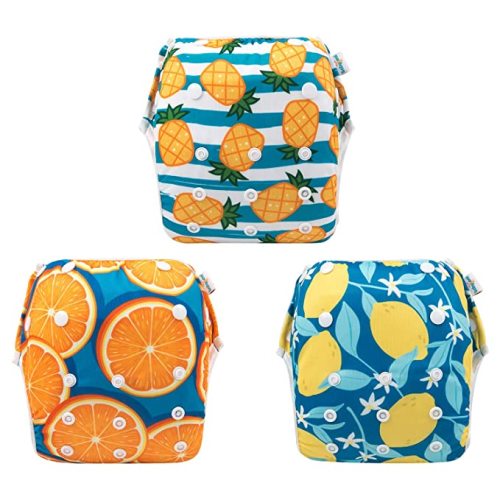 Babygoal Baby Swim Diapers 3 Pack for 0-8 Months Infant Girls and Boys, Reusable Adjustable Washable for Swimming Lessons-Pineapple,Lemon,Grapefruit