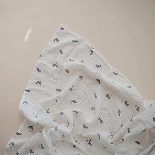 mushie Muslin Baby Swaddle Blanket | 100% Organic Cotton (Whales)