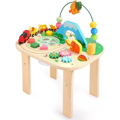 oathx Activity Table for 1 Year Old Toddler, 9-in-1 Multi-Colorful Wooden Montessori Toys, Baby Play Table with Bead Maze Shape Sorter Train Toy, Educational Gifts for 12 Months+ Kids Boys Girls