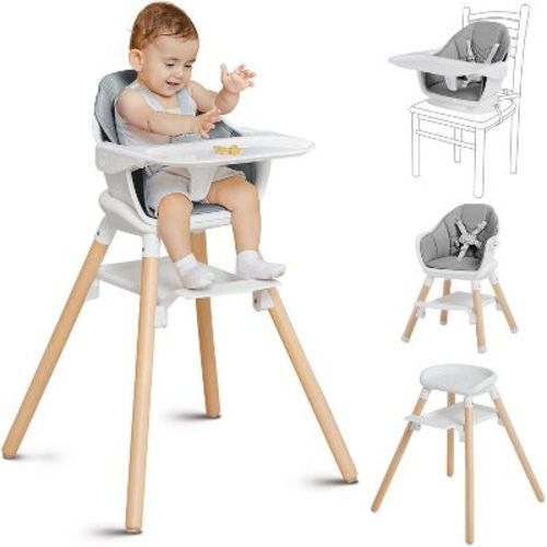 Babybond Convertible Wooden Baby High Chair - 11 In 1 Design For High Chair, Booster Seat, Toddler Chair - Double Tray, 5-point Harness,white