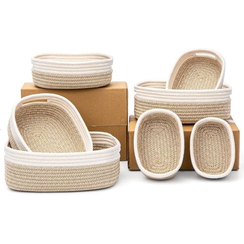 7 Piece Cotton Rope Woven Basket Set - Small Basket for Baby Nursery, Pets, Montessori, Dog & Cat Toy Boxes, Bathroom Organization Bins (White/Brown)