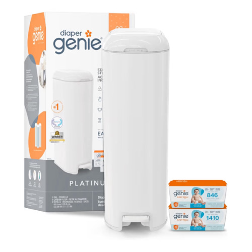 Diaper Genie Platinum Pail Gift Set, Lily White, Made of Durable Stainless Steel and Includes 2 Easy Roll Refills with 18 Bags and 30 Bags