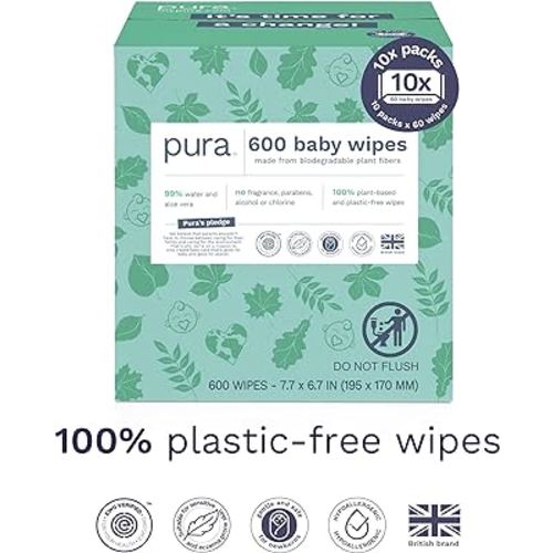 Pura Baby Wipes 10x60 Wipes (600 Wipes), Monthly Pack,100% Plastic-Free & Plant Based Wipes, 99% Water, Suitable for Sensitive & Eczema-prone Skin, Fragrance Free & Hypoallergenic, EWG, Cruelty Free