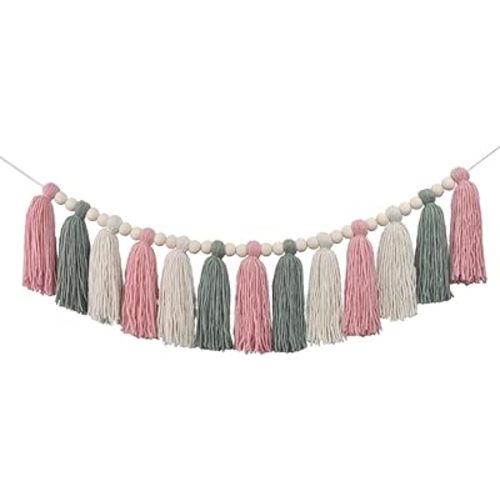 DrCor Boho Tassel Garland Banner - Pink & Sage Green Wall Hanging for Spring Easter Classroom, Nursery, Party Decor, Modern Home Office & Kids Bedroom Decoration