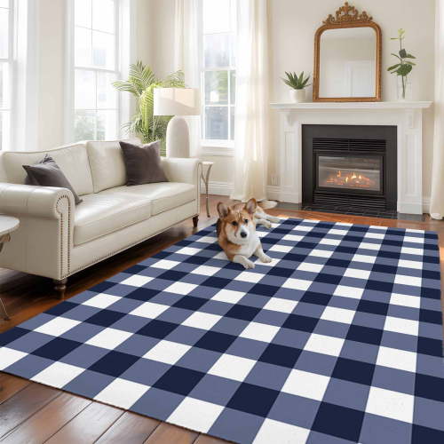 5'x8' Area Rugs, Navy Blue Check Indoor Outdoor Area Rug for Living Room Bedroom, Farmhouse Buffalo Plaid Blue Washable Bathroom Rugs Kitchen Floor Carpet Mats Home Decor Aesthetic