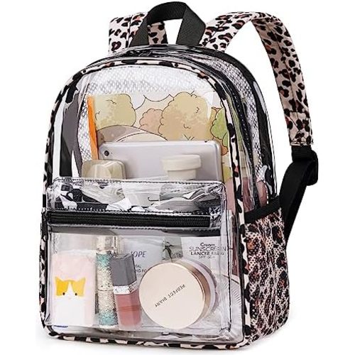 Clear Mini Backpack Stadium Approved 12x6x12 Small Leopard Transparent Backpacks Plastic See Through Bag for Work Festival Security Travel