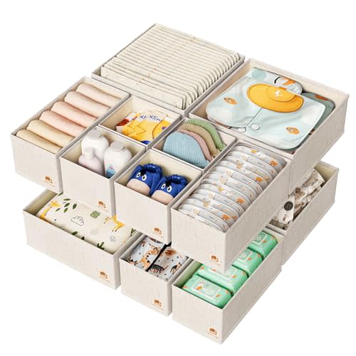 Linen Drawer Organizers for Nursery, Dresser & Closet (12-Pack) – Sturdy, Collapsible Nursery & Dresser Dividers for Baby Clothes, Socks, Underwear & Essentials – Multi-Size Set, Beige