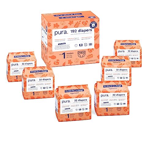 Pura Size 1 Eco-Friendly Diapers (4-11lbs) Hypoallergenic, Soft Organic Cotton Comfort, Sustainable, Wetness Indicator, Allergy UK, Newborn, Bulk Buy, 6 Packs of 32 (192 Baby Diapers)