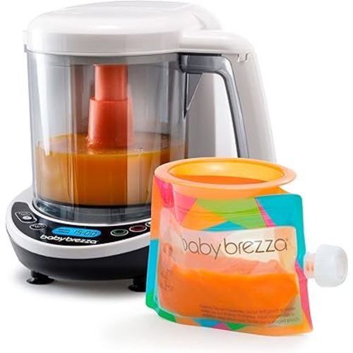 Baby Brezza One Step Baby Food Maker Deluxe – Auto shut Off, Dishwasher Safe Cooker and Blender to Steam + Puree Organic Food for Infants + Toddlers - Set of 3 Pouches + 3 Funnels