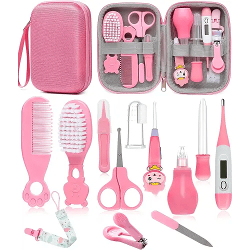 Baby Healthcare and Grooming Kit, Safety Newborn Nursery Baby Care Kit, with Hair Brush Comb, Nail Clipper, Thermometer, Pacifier Clip, Baby Registry Search, Newborn Essentials Girls Boys (Pink)