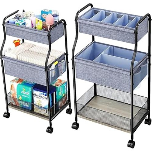 3-Tier Baby Diaper Caddy Organizer and Storage Cart with 4+2 Dividers, Mobile Metal Utility Cart with Rolling Wheels for Nursery Essentials, Large Capacity Rolling Carts for Crib, Bedroom, Bathroom