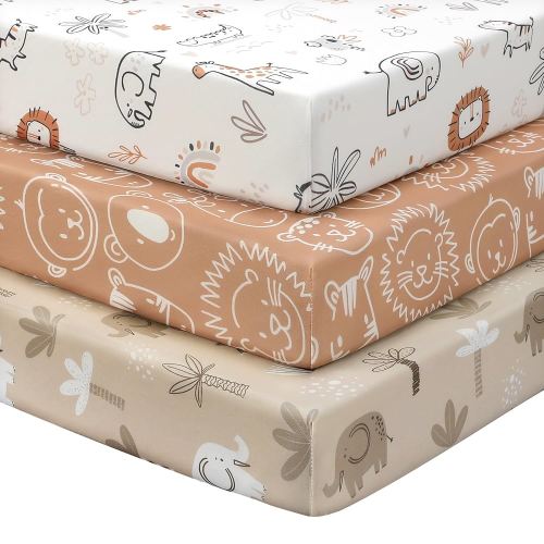 Baby Crib Sheets for Boys and Girls, 3 Pack Toddler Bed Sheets for 52”x28” Standard Toddler Mattresses, Soft Microfiber Fitted Crib Sheets Neutral Orange Animal World