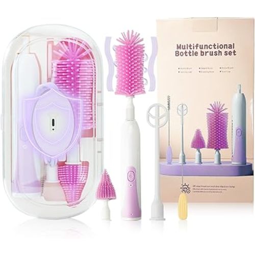 Electric Bottle Brush Set with Silicone Pacifier/Straw Brush and Mixing Head, Water Bottle Cleaner with Drying Rack, 2 Modes & 360 Rotation (Purple)