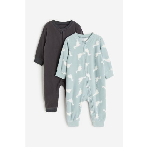 2-pack Fleece Zip-up Pajama Jumpsuits, Light turquoise/dinosaurs
