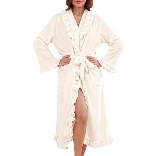 Women's Long Fleece Robe Plush Fluffy Fuzzy Ruffle Bath Robe Warm Loungewear