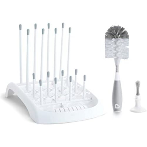 Munchkin Baby Bottle and Sippy Cup Cleaning Set, Includes Countertop Drying Rack and Bristle Bottle Brush, Grey