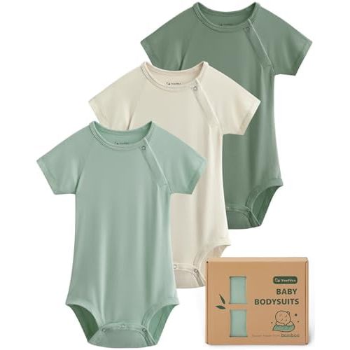 Yoofoss Baby Bodysuits Rayon Made From Bamboo, Soft Breathable Baby Onesie Short Sleeve Newborn Baby Boy Girl Clothes 3 Pack, 0-3 Months, Apricot&Green