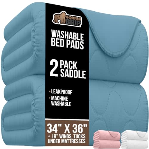 GORILLA GRIP Washable Toddler Mattress Incontinence Pads, Waterproof Bed Underpads, Absorbent Leak Proof, 34x36+19in Wings, 2 Pack Slip Resistant Pad Absorbs 8 Cups for Bedwetting Adults Kids, Blue