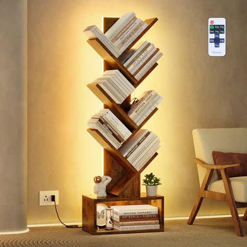 Hoctieon 6 Tier Tree Bookshelf, Tall Bookcase, Freestanding Book Shelf with LED Lights, Display Floor Standing Storage Shelf, Book Organizer Shelves for Home Office, Living Room, Rustic Brown