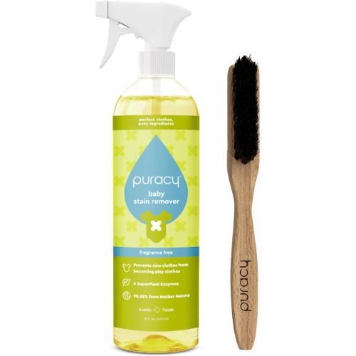 Puracy Natural Baby Laundry Stain Remover, Enzyme Odor Eliminator, Free & Clear 16 Fl Oz and Laundry Stain Remover Brush for Tough Stains, Effective Stain and Odor Eliminiation Bundle