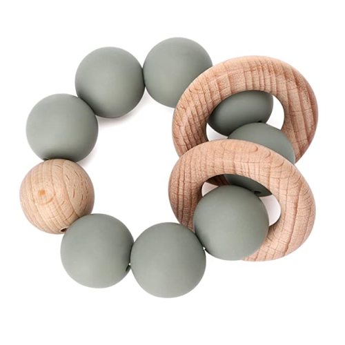 Socub Baby Teething Toy, Organic Baby Teething Ring, Silicone & Beech Baby Rattle Teether for Baby 3+ Months, BPA Free, Sage