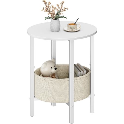 Vagusicc Round Side Table End Table with Storage Basket, Small Side Table Round Nightstand for Small Spaces, Tall Oval End Table with Steel Frame, Coffee Bedside Table for Living Room Bedroom, White