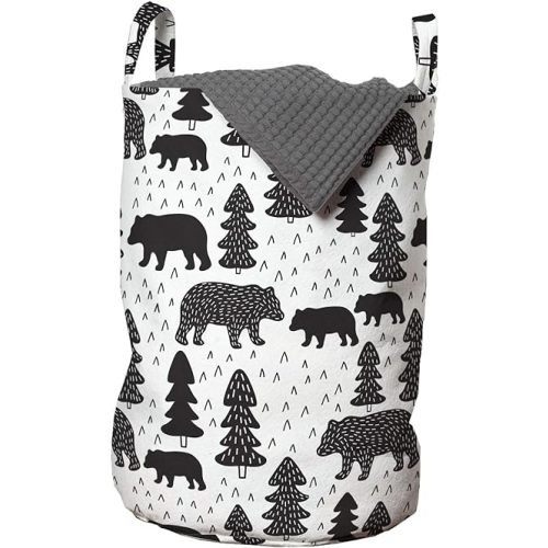 Lunarable Forest Laundry Bag, Doodle Woodland Grizzly Bears Pine Trees Winter Foliage Scandinavian, Hamper Basket with Handles Drawstring Closure for Laundromats, 13" x 19", Grey Charcoal