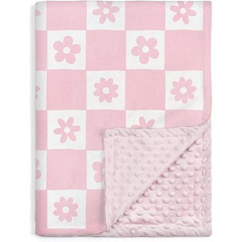 Daisy Minky Baby Blanket 30 x 40 Inches for Girls, Soft Plush Receiving Blanket with Dotted Back, Gift for Toddler Newborn Infant Christmas Birthday Baby Shower