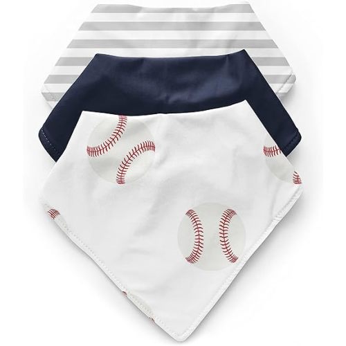Sweet Jojo Designs Baseball Sports Boy Baby Bandana Bibs for Newborn Infant Feeding Drool - Red and White Americana - 3 Pack Set of Absorbent Fabric Bibdanas