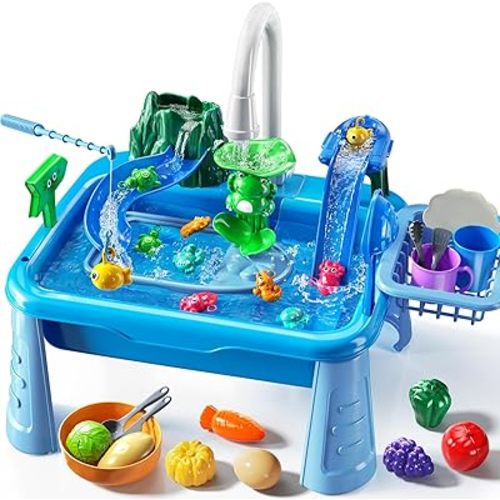 Water Table Play Sink Toy for Kids 2 3 4 5 6 Years Old - Outdoor Kitchen with Running Water, Fishing Games, Toddler Water Play Table for Kids Ages 3-8, Beach Outdoor Toys, Summer Gifts