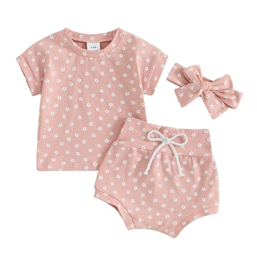 FYBITBO Newborn Baby Girls Clothes Floral Short Sleeve T-Shirt Top Flower Shorts Headband Set Casual Infant Summer Outfits