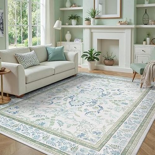 DCX Green 6x9 Rug, Kid & Pet Friendly with Rubber Back Non Slip, Machine Washable Stain Resistant Botanical Floral Rug for Living Room, Bedroom, Soft Low Pile Large Nursery Carpet