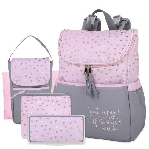 Baby Essentials 15.5”L 5 Piece Multi-Pocket Diaper Bag Backpack with Matching Changing Pad, Wipes Case, Insulated Bottle Bag & Organizer Pouch for Newborns, Infants & Toddlers in Pink & Gray Hearts