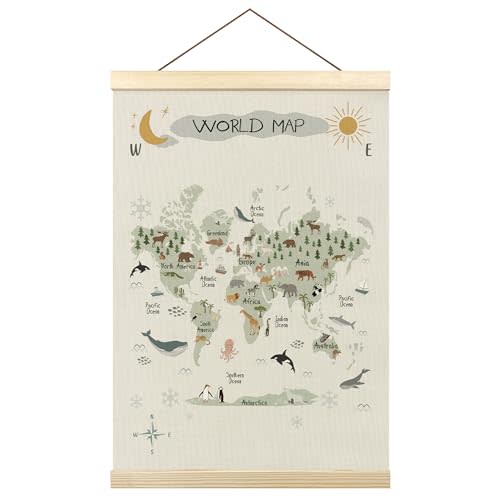 Tzhim Animal World Map Poster Hanger Frame, World Map for Kids, Educational Wall Hanging Decor for Nursey Playroom Classroom Home school Kids Room, Nature Wall Art Prints with Wood Frames, 12x16in
