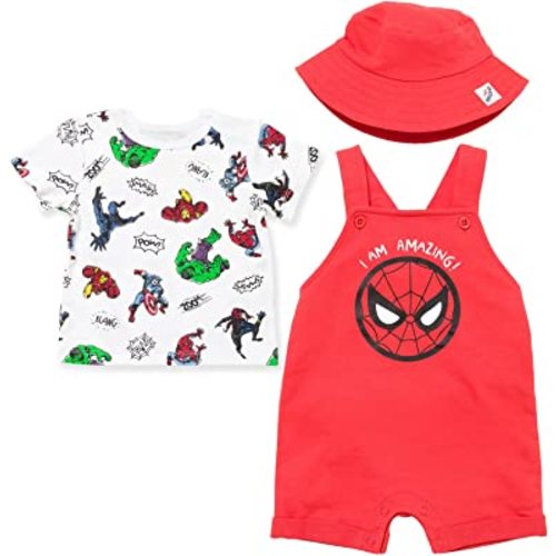 Marvel Avengers Hulk Captain America Thor Baby French Terry Short Overalls T-Shirt & Hat 3 Pcs Outfit Set Newborn to Infant