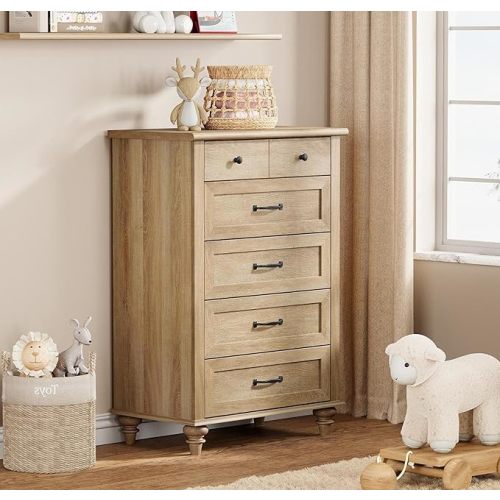 WAMPAT Kids Dresser with 5 Drawers for Bedroom, Tall Dresser Nursery Dresser Organizer with Wide Chest of Drawers, Retro Farmhouse Wooden Closet for Living Room, Kids Room, Hallway, Oak