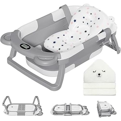 MoreFeel Collapsible Baby Bathtub for Newborn with Thermometer & 1 Hooded Towel & 1 Soft Floating Cushion,Portable Travel Bathtub with Drain Hole, Durable Foldable Baby Tubs for Infants to Toddler