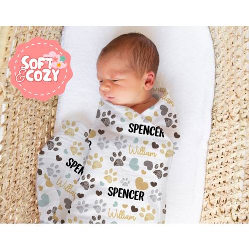 Dog Paw Prints Baby Boy, Girl Swaddle - Dog Swaddle With Name for Newborn - Dog Nursery Theme - Baby Wrap S-268
