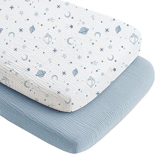 Konssy 2 Pack Muslin Bassinet Sheets for Boys, Girls, 100% Cotton Soft Breathable Fitted Bassinet Mattress Sheet, 33 x 21 inches (Star,Blue)