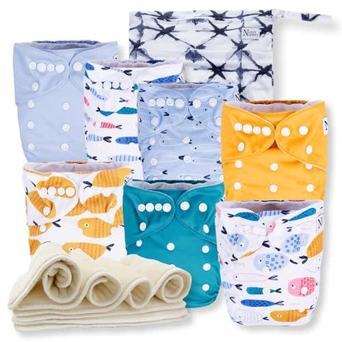 Nora's Nursery Cloth Diapers 7 Pack with 7 Inserts & 1 Wet Bag - Waterproof Cover, Washable, Reusable & One Size Adjustable Pocket Diapers for Newborns and Toddlers - Reel Me in