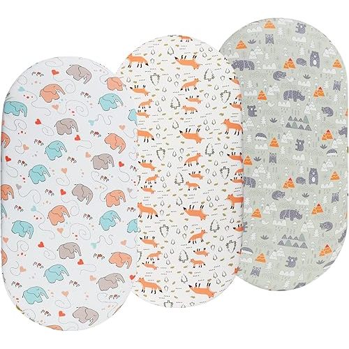 Bassinet Sheets 3 Pack for Baby Boy, Soft Stretchy Universal Fitted Sheet Set for Oval Rectangle Hourglass Bassinet Mattress, Forest Fox Elephant Printing