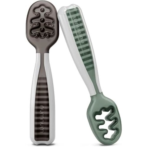 NumNum Baby Spoons Set, Baby Essentials Pre-Spoon GOOtensils for 6+ Months, First Stage Self-Feeding Spoons for Baby Led Weaning (BLW), Silicone Toddler Utensils, BPA-Free, 2 Pack Gray/Green