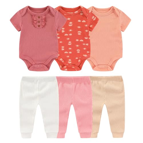 Ruliby Baby Bodysuit and Pant Set 6-pcs Ribbed Soft Infant Boy Girl Clothes Outfits