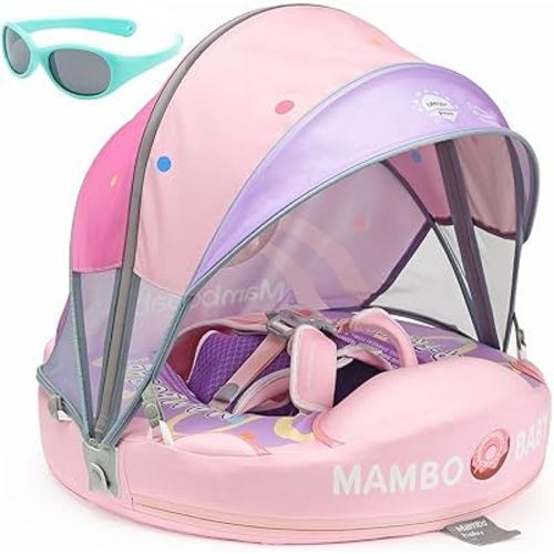 Mambobaby Newest Non Inflatable Baby Float Size Improved Add Tail Avoid Flip Over Swim Trainer Solid Infant Pool Float with Canopy UPF 50+ Swim Ring