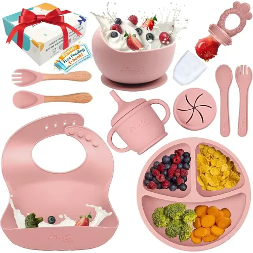 Silicone Baby Feeding Set, 10 Pcs Baby Led Weaning Supplies | BPA-Free Baby Dishes with Toddler Plates and Bowls Set, Silicone Bib, Suction Cup, Baby Spoons & Forks | Empower Independence – Pink