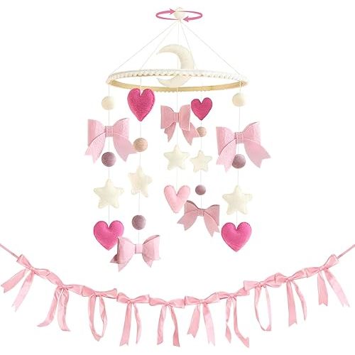 Pink Bow Baby Crib Mobile with Pink Ribbon Bow Garland Banner Handmade Coquette Birthday Party Decorations Bow Nursery Decor Girls Bedroom Hanging Mobile for Baby Shower Newborn Gifts