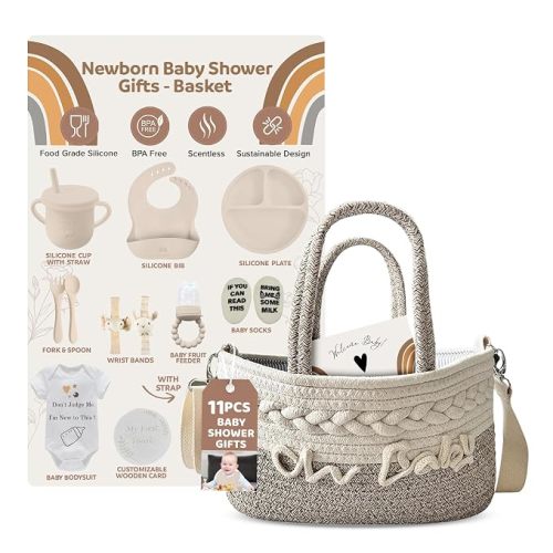 Baby Gift Set | 11 Piece Gender Neutral Newborn Gift Basket for Boys & Girls – Baby Essentials with Plate, Bib, Spoon, Cup, Feeder, Outfit, Rattles & Storage Bag