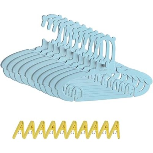 10 Pack Baby Hangers for Nursery Closet with 10 Multiple Clips(Blue),Non-Slip Extendable Kids Hangers for Infant Toddler,Space Saving Plastic Childrens Clothes Hangers for Boy Girl
