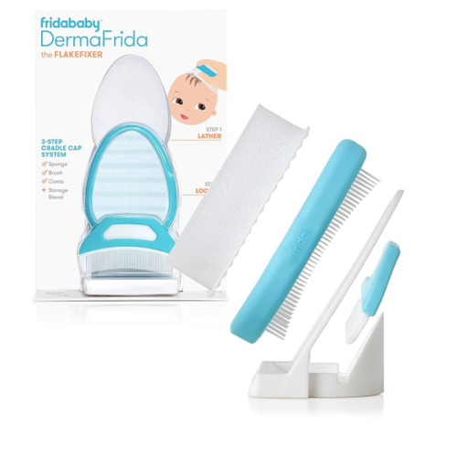Frida Baby The 3-Step Cradle Cap System, DermaFrida The FlakeFixer, Sponge, Brush, Comb and Storage Stand for Babies with Cradle Cap, White-Blue